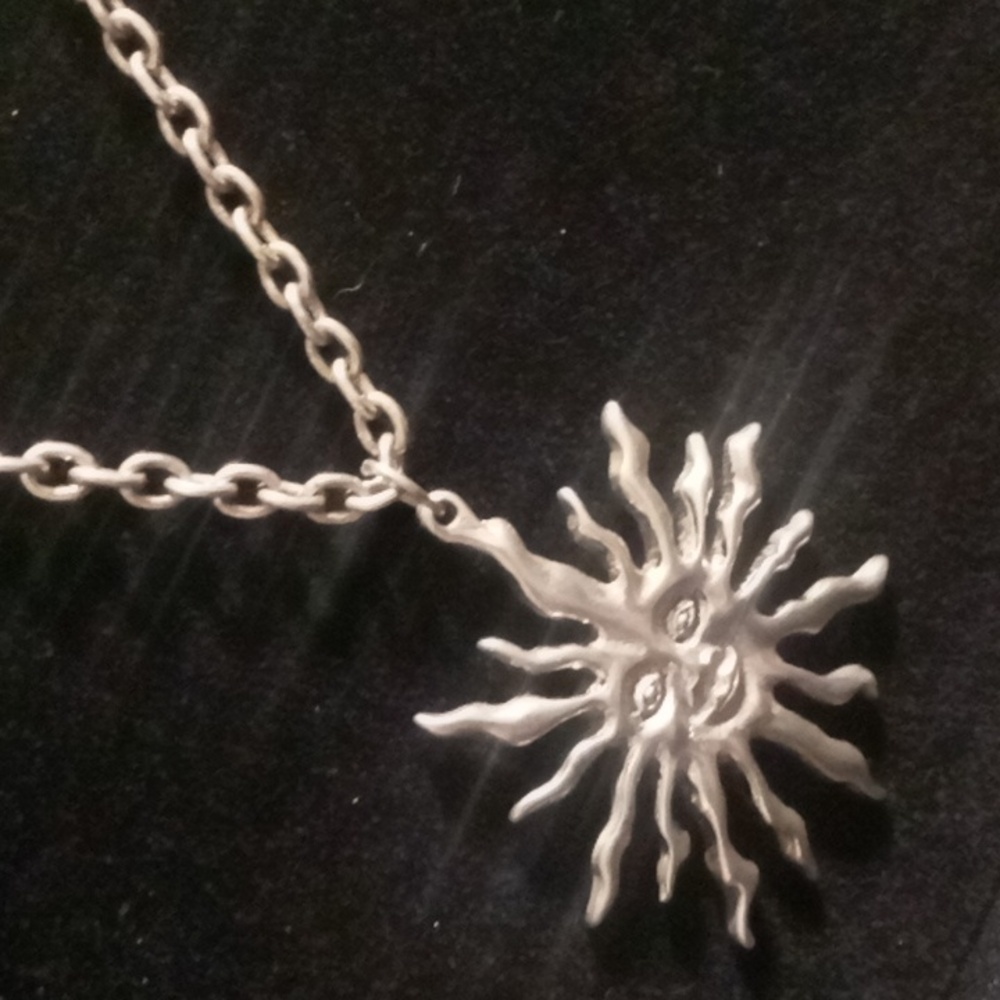 Silver celestial Sun Pendant Necklace oval link long chain 34 inches long